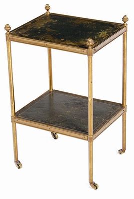 Appraisal: A brass two tier etagere with distressed leather inset tops