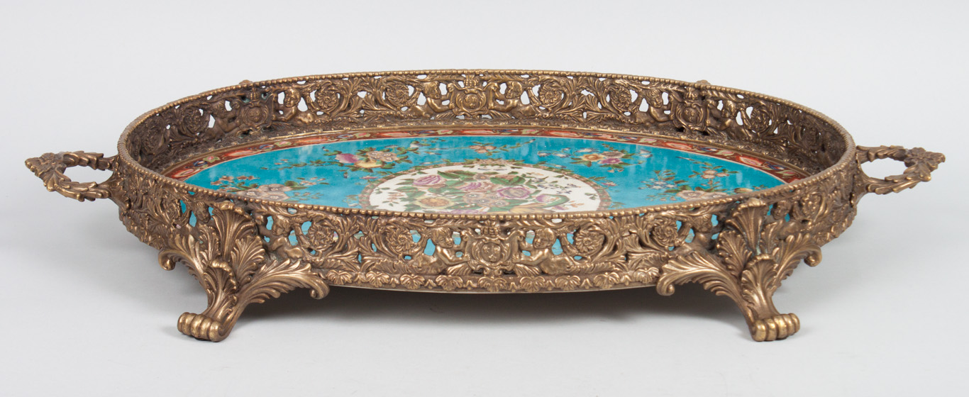 Appraisal: Sevres style brass-mounted tray blue porcelain tray with rococo style