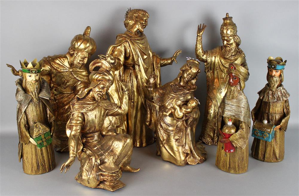 Appraisal: EIGHT LARGE GILT CRECHE FIGURES including a Madonna and Child