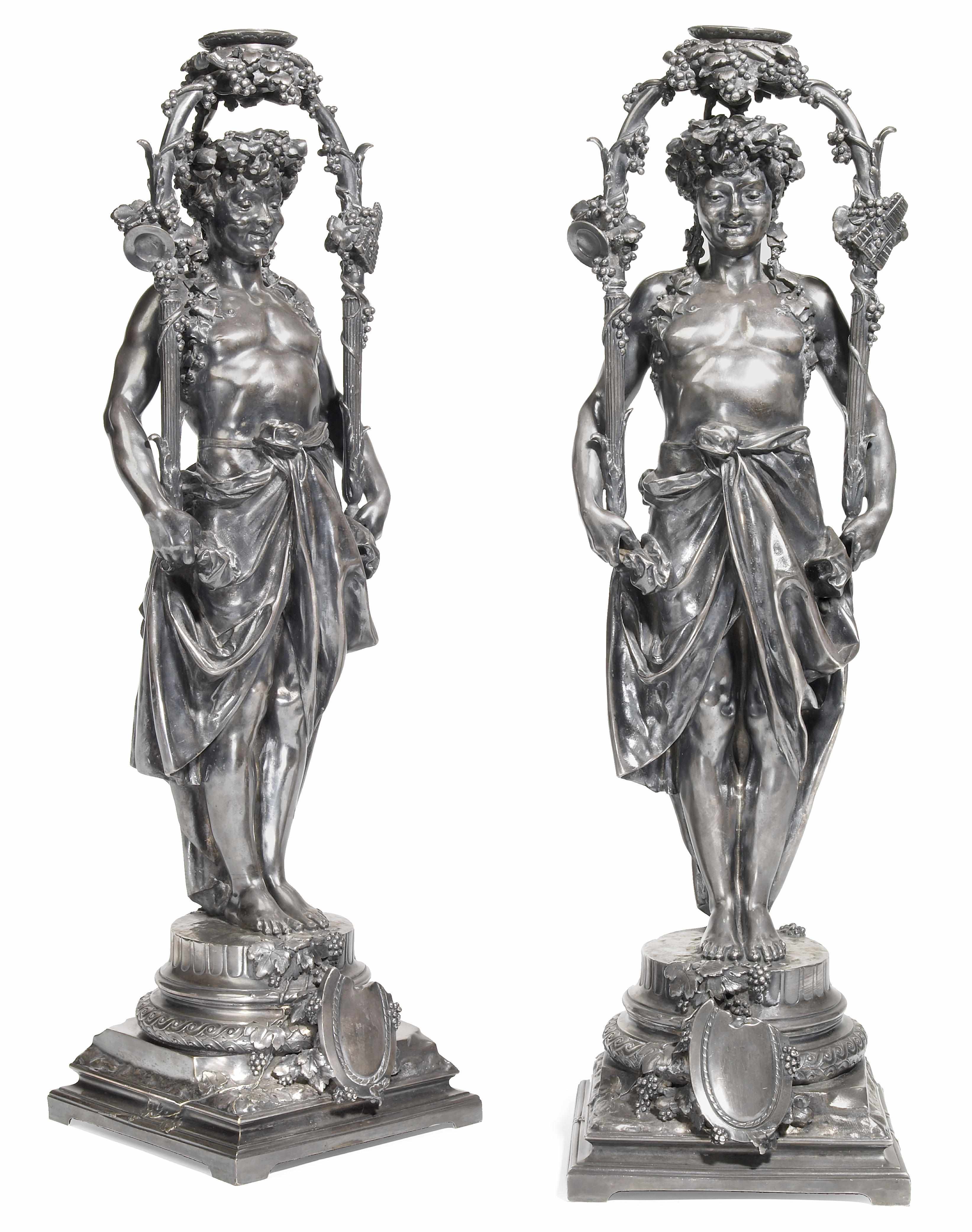 Appraisal: A pair of French silvered bronze bacchanalian figures Christofle Cie