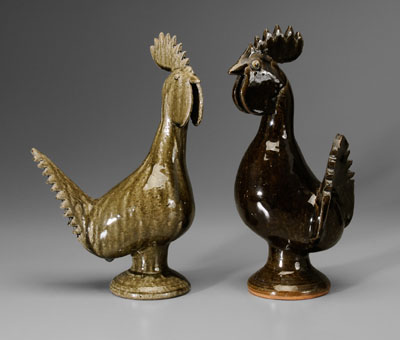 Appraisal: Two Edwin Meaders Roosters Georgia th century stoneware one with