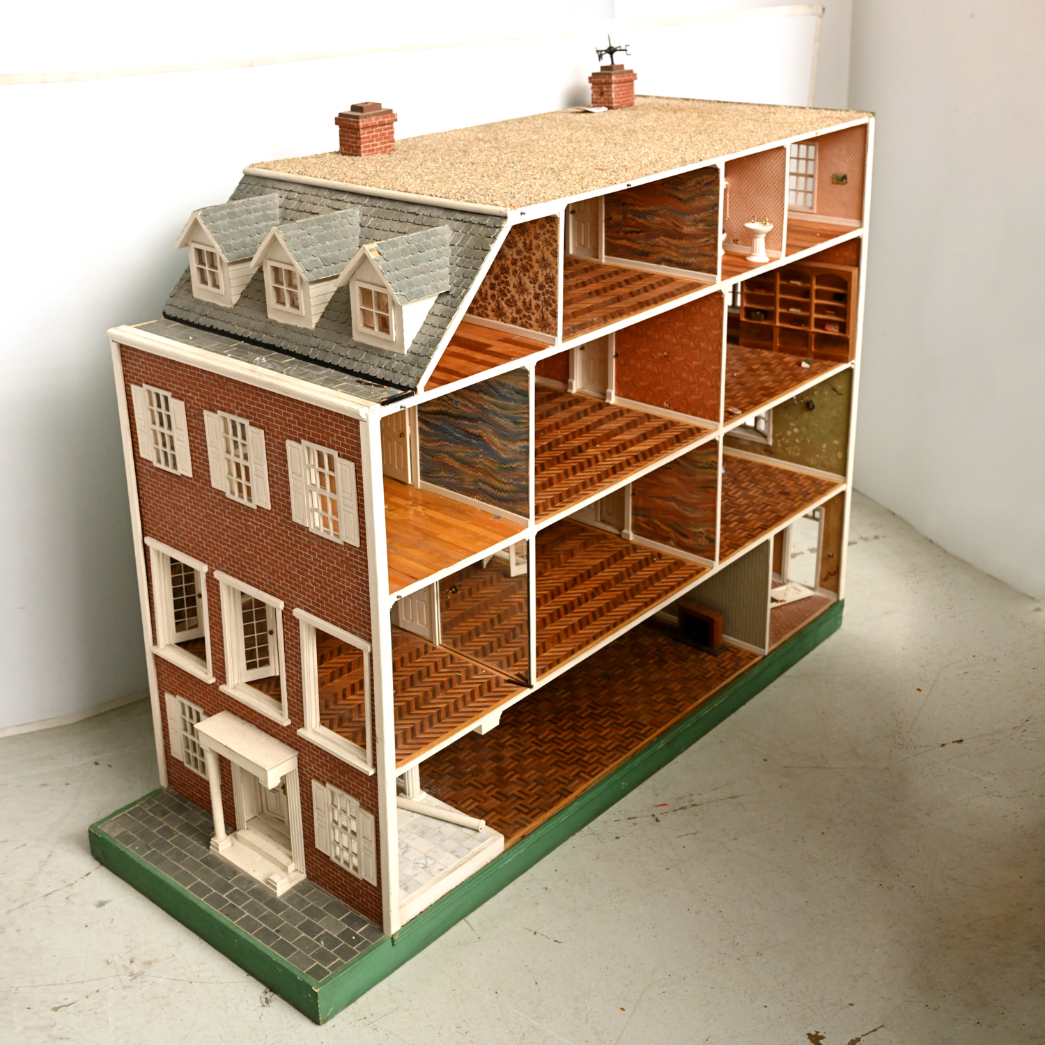 Appraisal: HUGE VINTAGE HAND-BUILT DOLLHOUSE BROWNSTONE Mid th c green painted