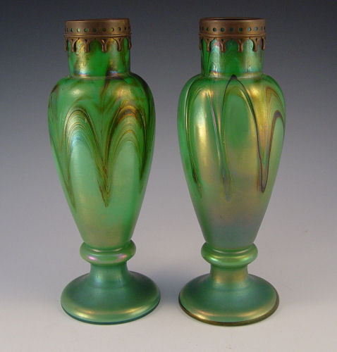 Appraisal: PAIR BOHEMIAN IRIDESCENT ART GLASS VASES Pulled design on green