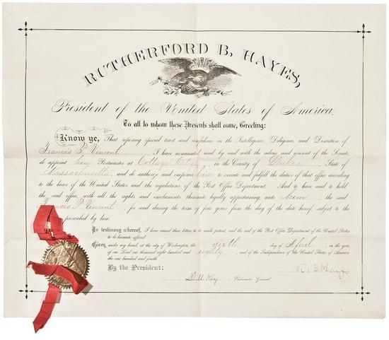 Appraisal: PRESIDENTS -- HAYES Rutherford Document signed as President appointing Francis