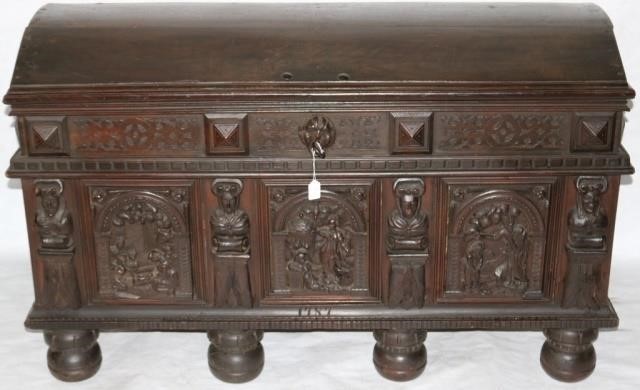 Appraisal: TH C CONTINENTAL OAK DOME TOP CHEST CARVEDBIBLICAL RELIEF PANELS