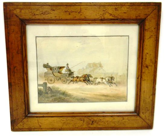 Appraisal: th C watercolor on paper depicting speeding horse-drawn carriage passing