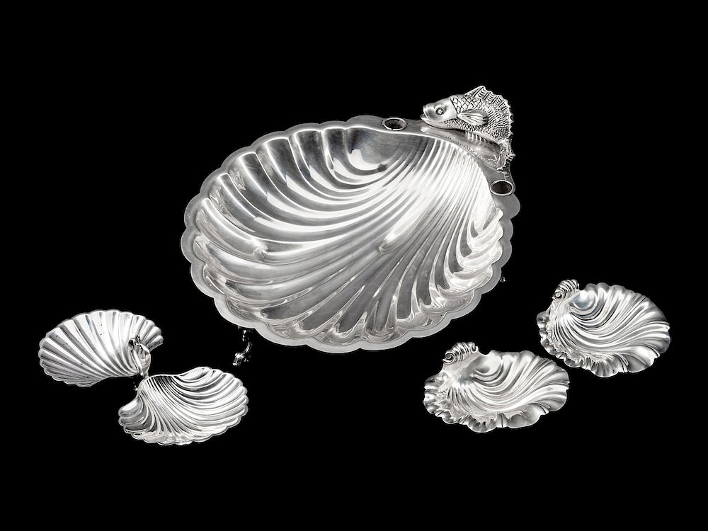 Appraisal: A Group of Three Silver and Silver-Plate Shell-Form Table Articles