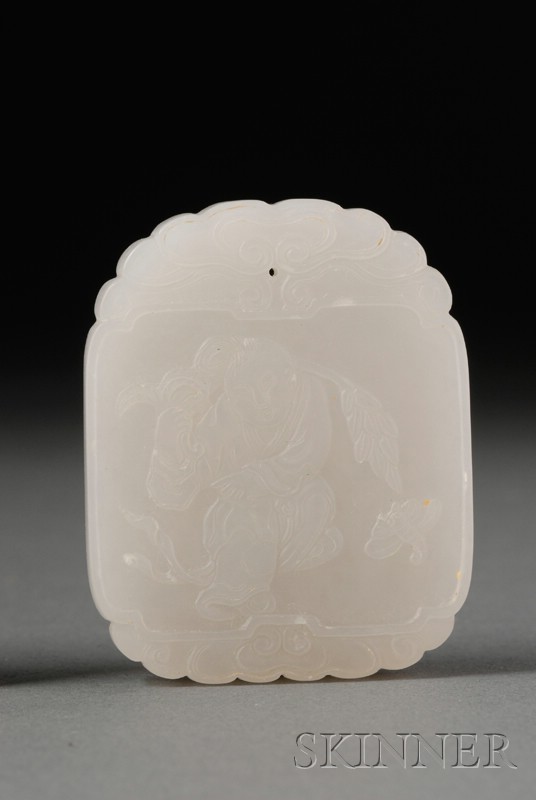 Appraisal: White Jade Pendant th century surfaces carved with children lg