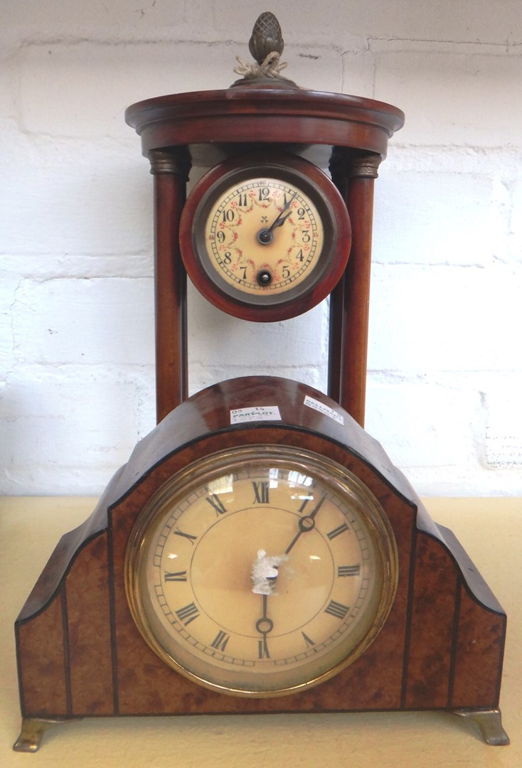 Appraisal: A stained beech portico mantel clock early th century cm