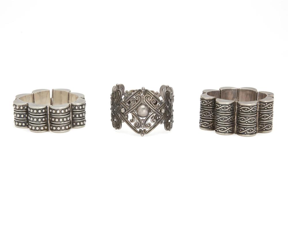 Appraisal: Three Los Castillo silver bracelets Third-quarter th Century Taxco Mexico