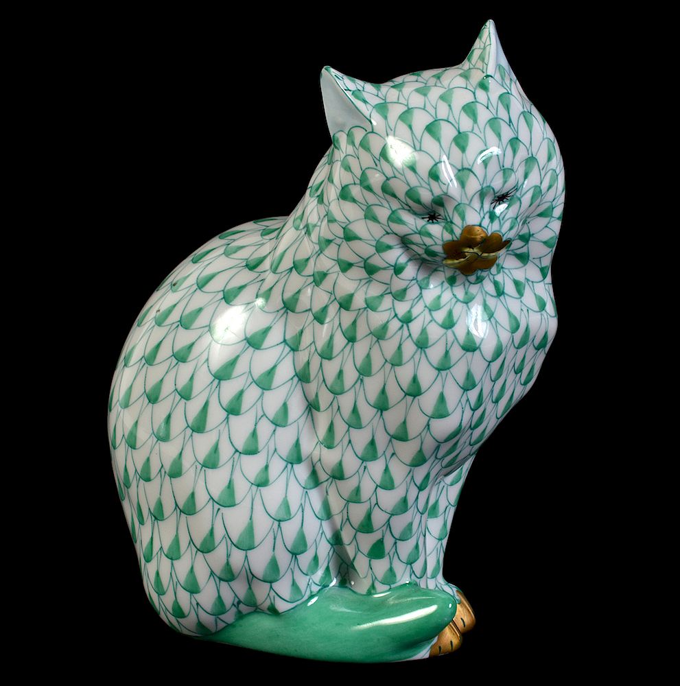 Appraisal: Herend Porcelain Cat in Green Fishnet Pattern Herend porcelain sitting