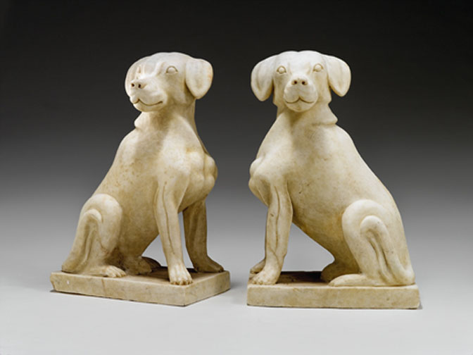 Appraisal: Pair of marble temple dogs possibly southeast asia Each stylized