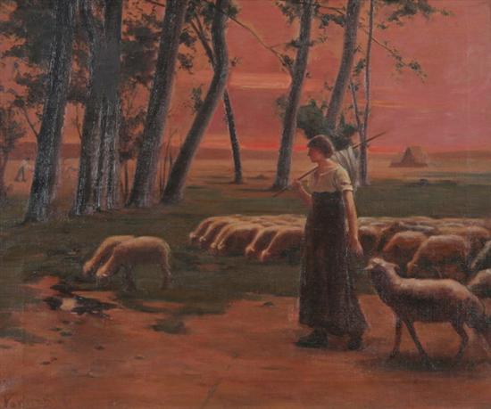 Appraisal: CONTINENTAL SCHOOL th century SHEPHERDESS WITH FLOCK signed illegibly lower