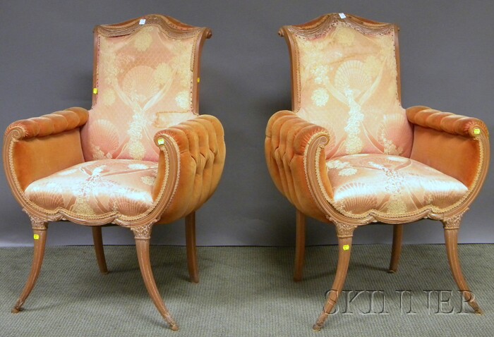 Appraisal: Pair of Art Moderne Tufted Velvet Upholstered Carved and Painted