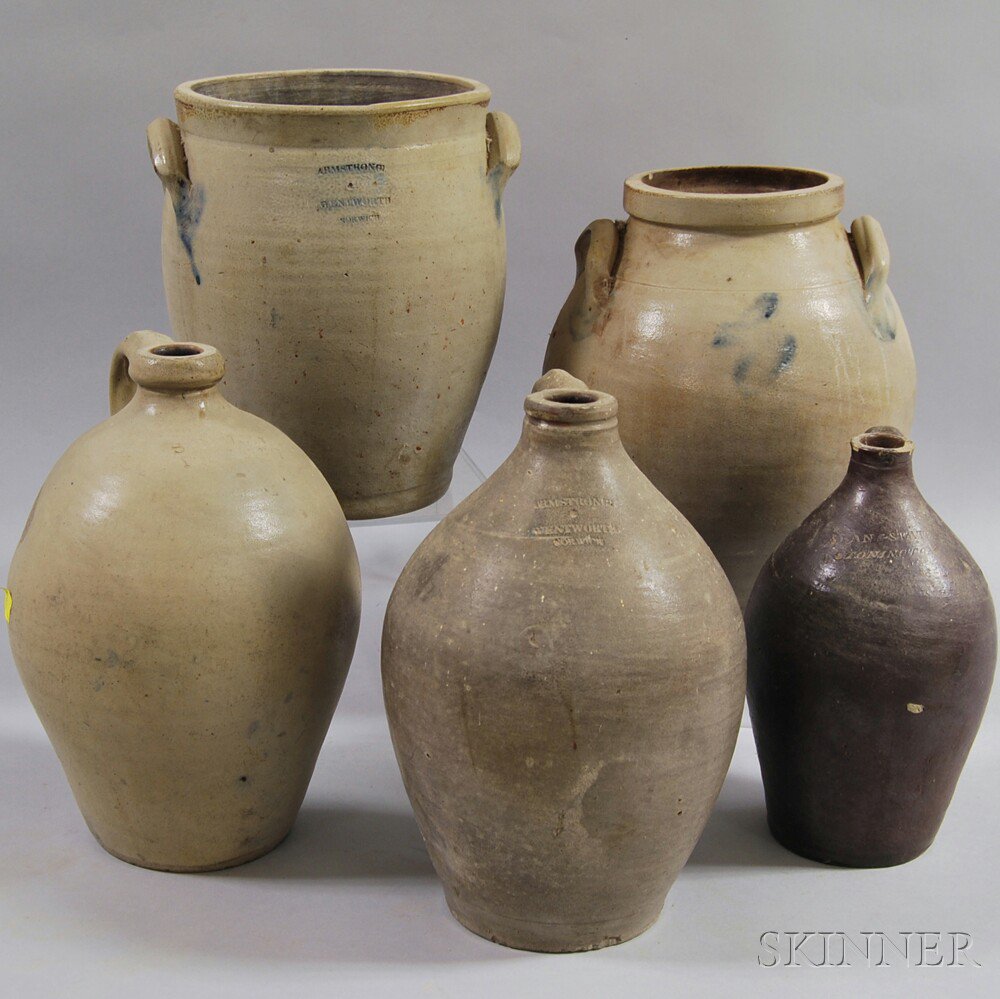 Appraisal: Five Stoneware Vessels New England mid- to late- th century