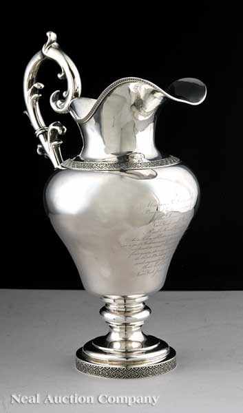 Appraisal: A Fine American Classical Coin Silver Presentation Pitcher marked Marquand