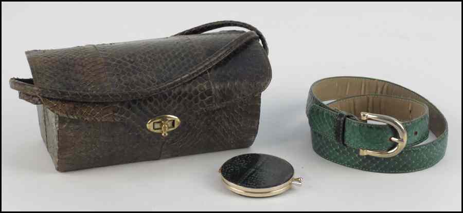 Appraisal: GREEN SNAKESKIN HANDBAG Together with a green snakeskin belt and