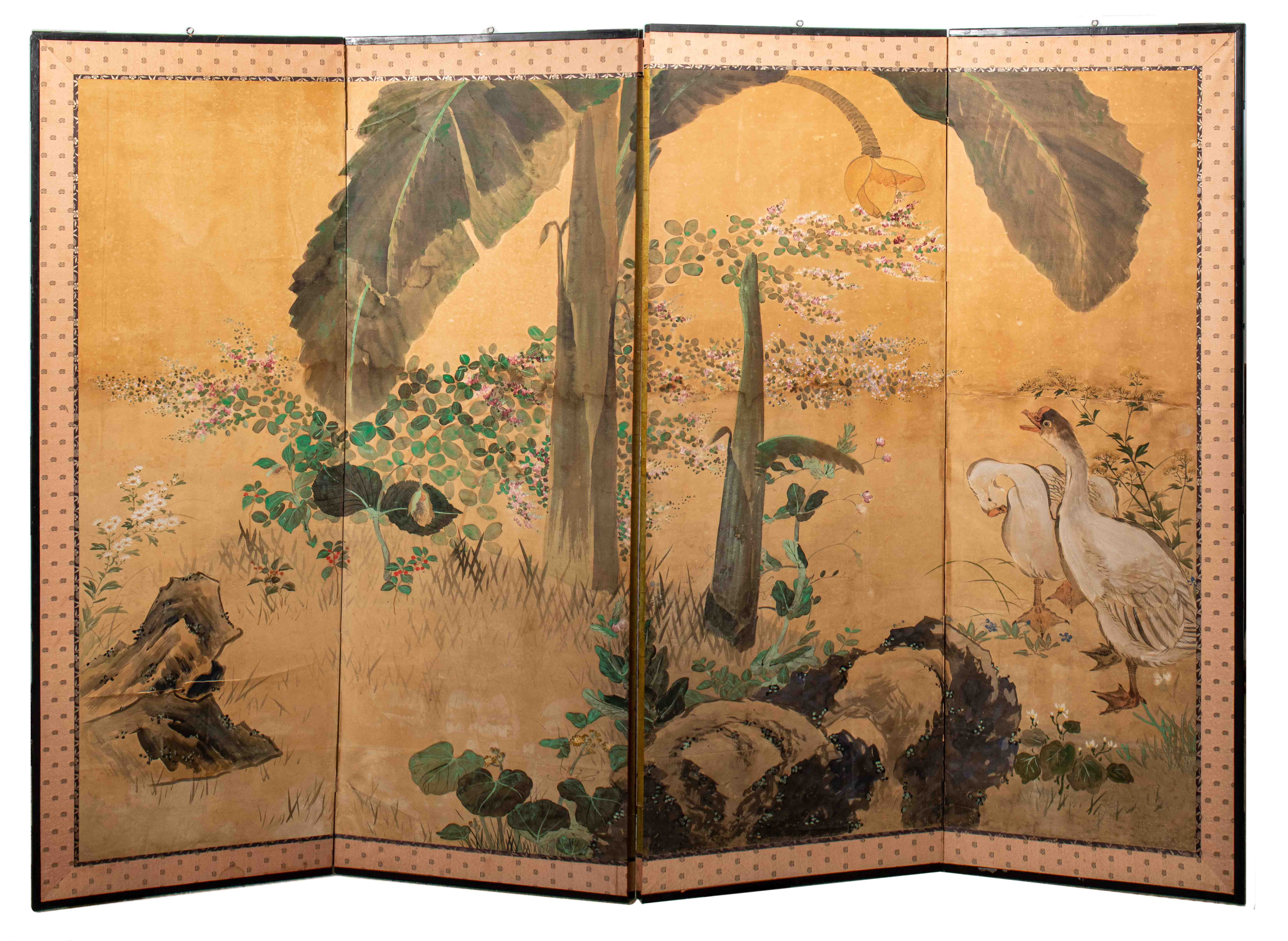 Appraisal: CHINESE ANTIQUE FOUR PANEL FOLDING SCREEN Antique Chinese watercolor on