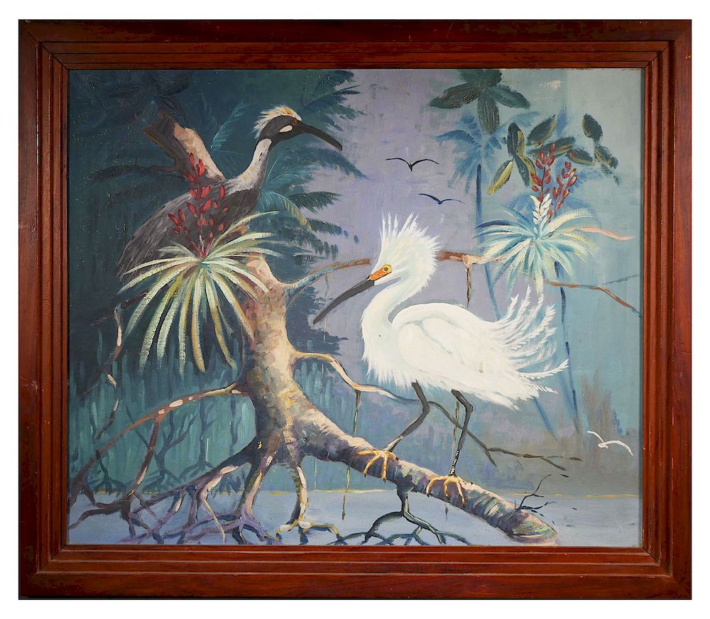 Appraisal: JAMES MCGIBBON BROWN Egrets Oil on Board Oil painting on