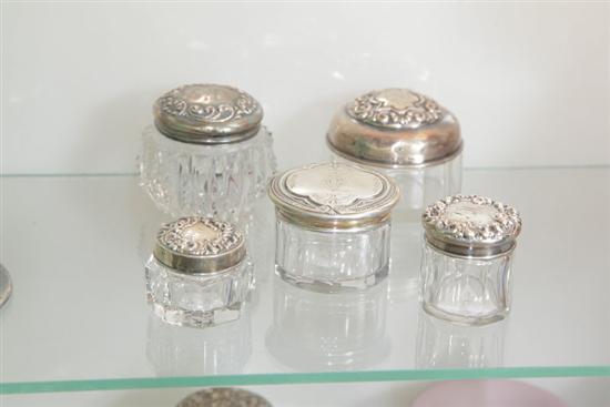 Appraisal: FIVE SMALL GLASS DRESSER JARS WITH STERLING SILVER LIDS All