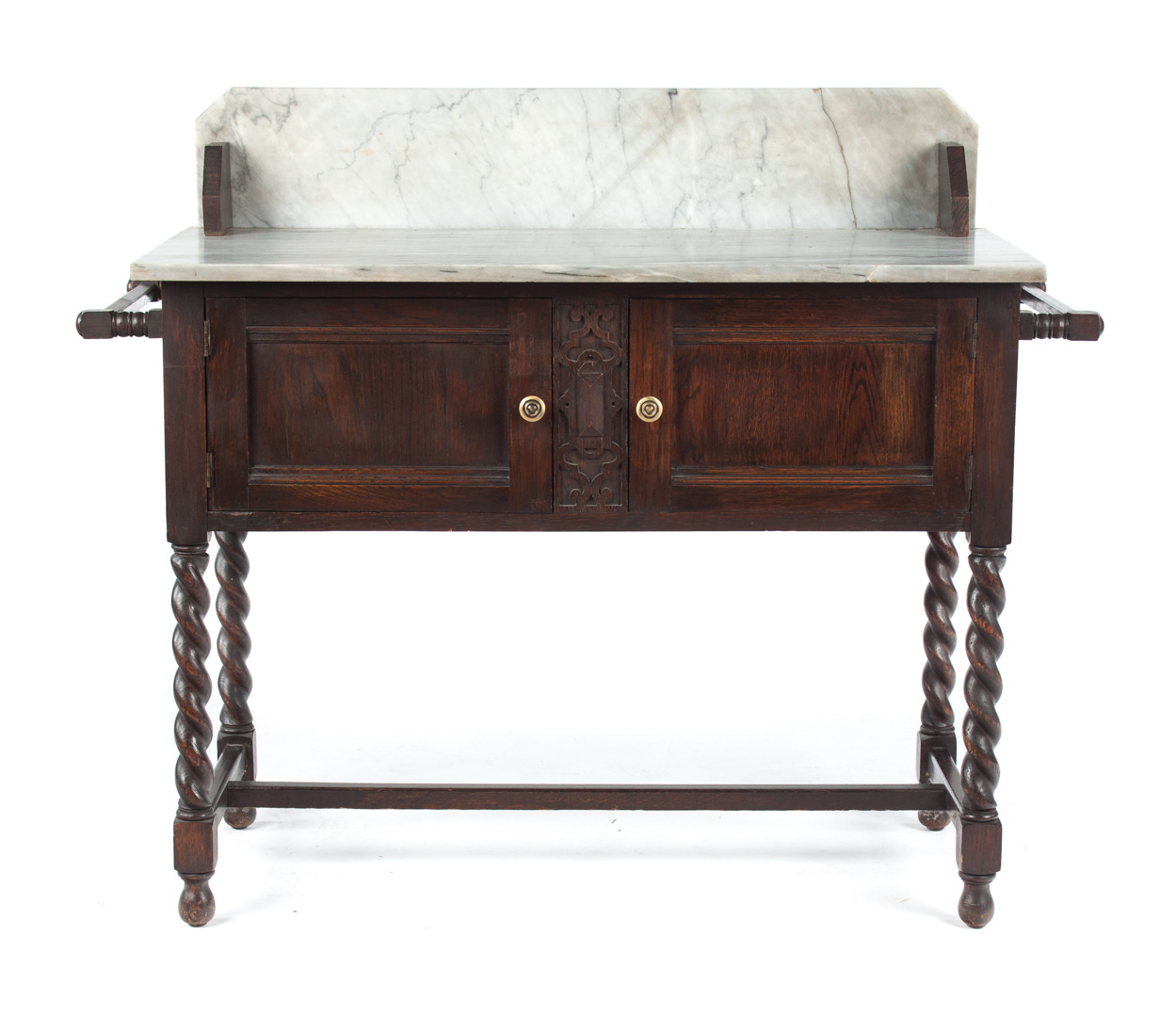 Appraisal: Elizabethean Revival oak marble top washstand grey variegated marble top