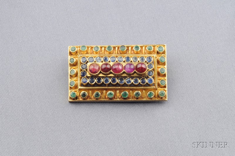 Appraisal: kt Gold Gem-set Brooch bezel-set with a line of cabochon