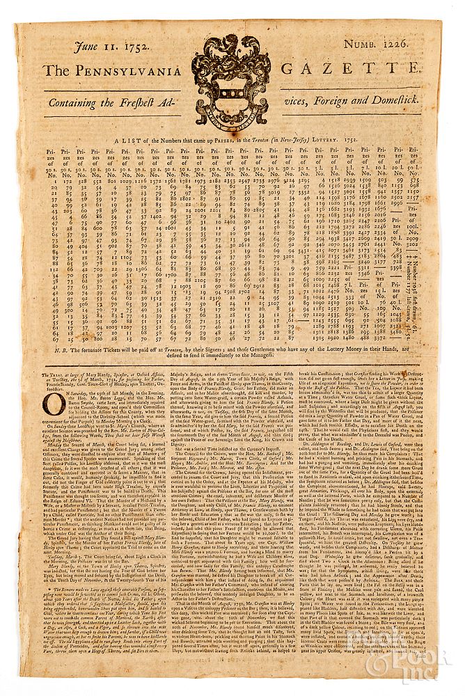 Appraisal: Ben Franklin's The Pennsylvania Gazette newspaper Ben Franklin's The Pennsylvania