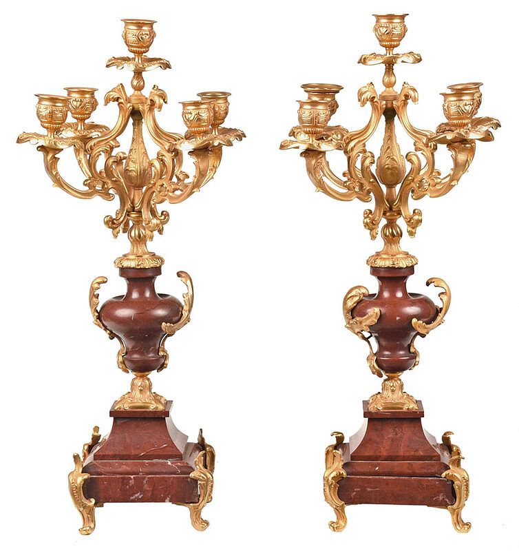 Appraisal: Pair of Gilt Bronze and Marble Candelabra probably French th