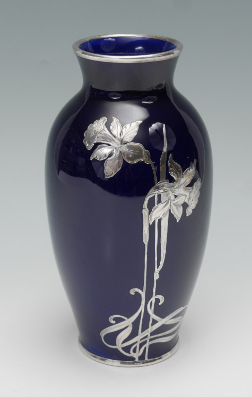 Appraisal: ART NOUVEAU STERLING SILVER OVERLAY VASE Daffodil design over cobalt