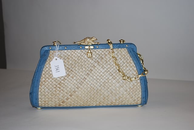 Appraisal: Barry Kieselstein-Cord Blue tan ostrich straw handbag with chain handle