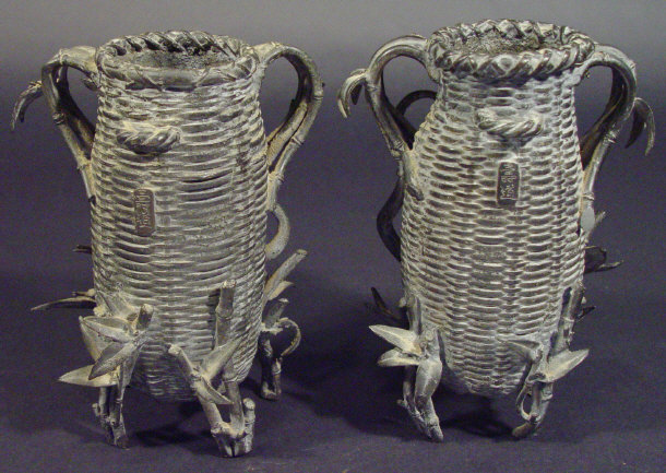 Appraisal: Pair of Oriental bronze vases naturalistically cast with bamboo shoots