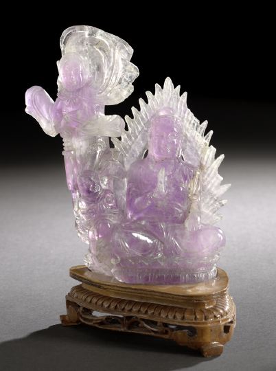 Appraisal: Chinese Carved Varicolored Quartz Buddhistic Group carved in amethyst and