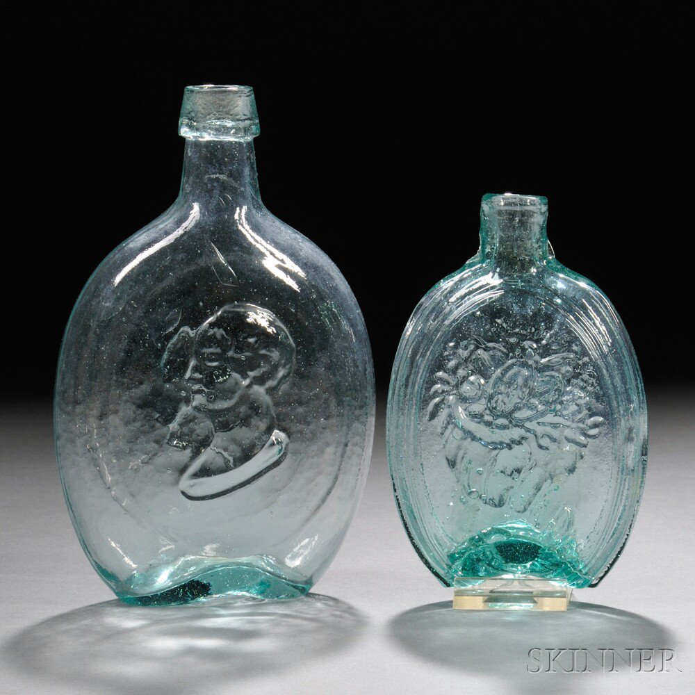 Appraisal: Two Aqua Blown-molded Historical Glass Flasks a pint flask with