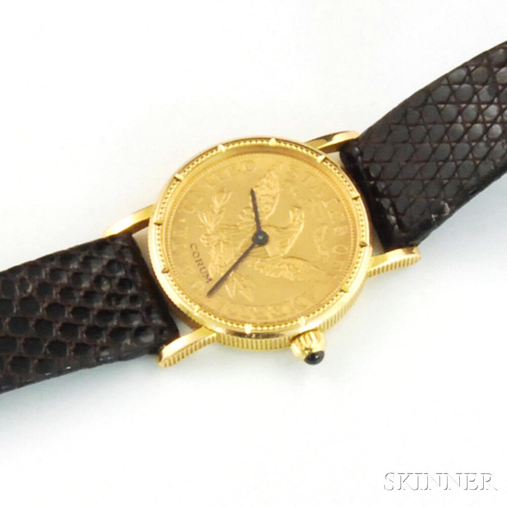 Appraisal: Lady's Corum kt Gold and Gold Coin Wristwatch with black