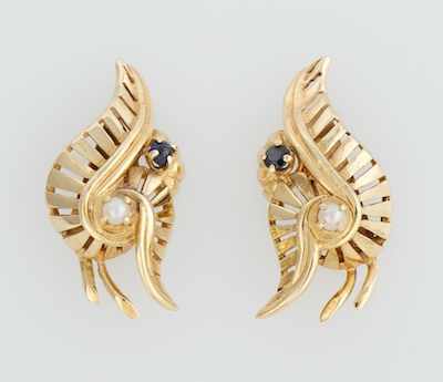 Appraisal: A Pair of Ladies' Sapphire and Pearl Earrings k yellow