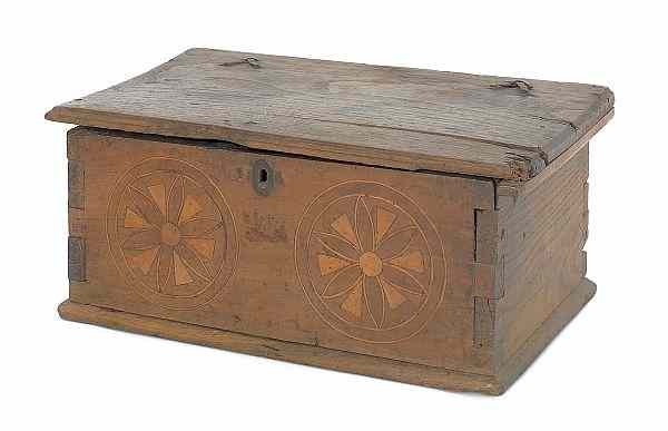 Appraisal: Continental yewwood lock box th c with inlaid pinwheel decoration