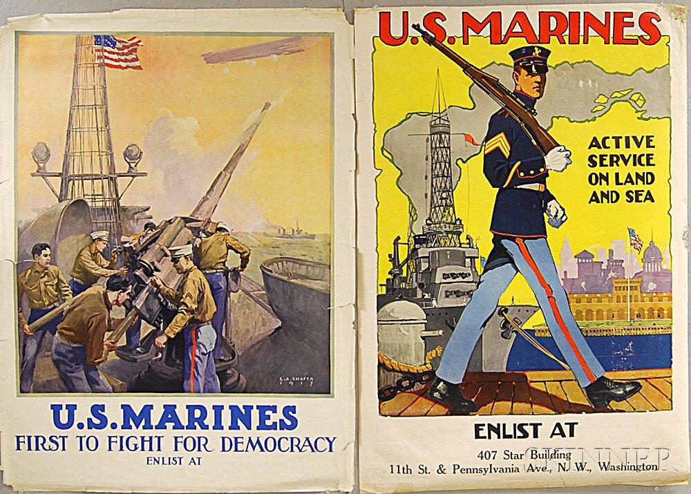 Appraisal: Two U S Marines WWI Lithograph Posters Active Service on