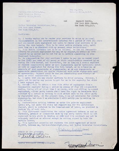 Appraisal: A Tyrone Power signed contract A one page typed contract