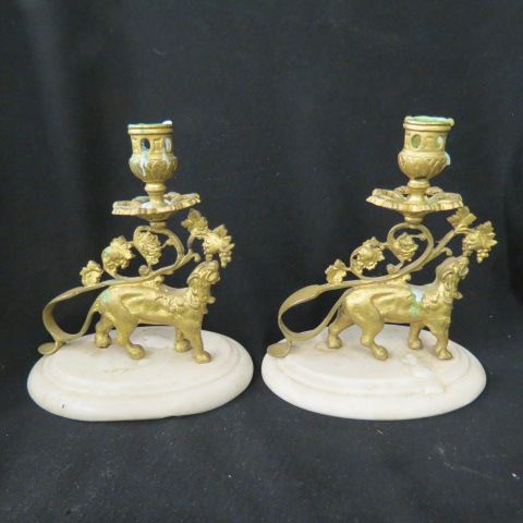 Appraisal: Pair of Victorian Figural Brass Chambersticks lions on oval white