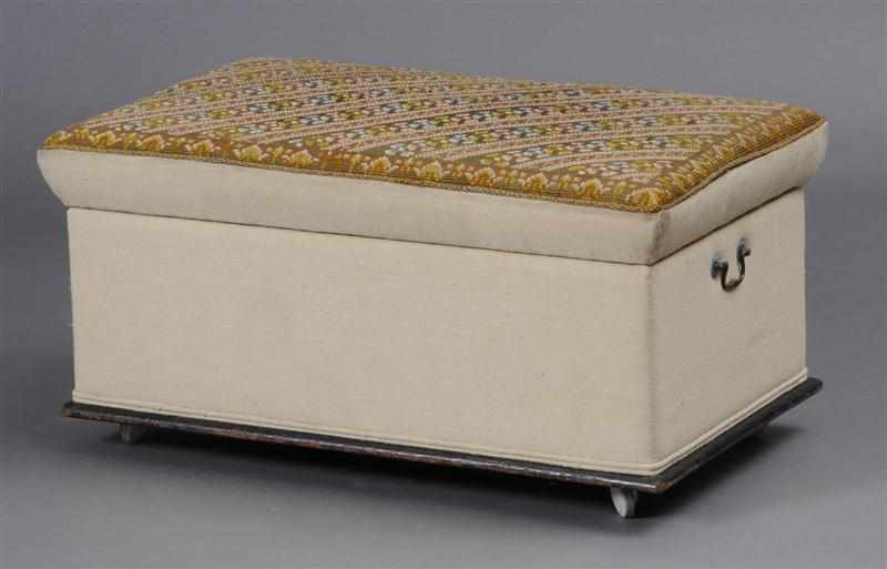 Appraisal: VICTORIAN STYLE NEEDLEWORK UPHOLSTERED OTTOMAN The hinged top opening to