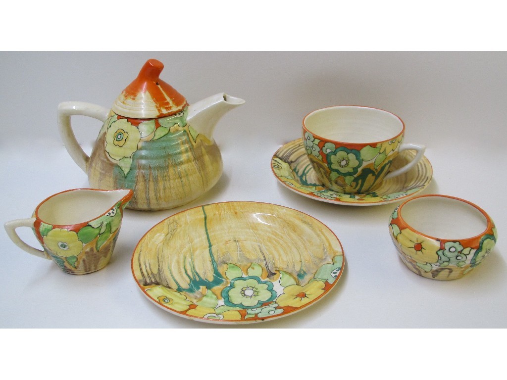 Appraisal: A Clarice Cliff 'Jonquil' Delicia bachelor's teaset comprising teapot milk