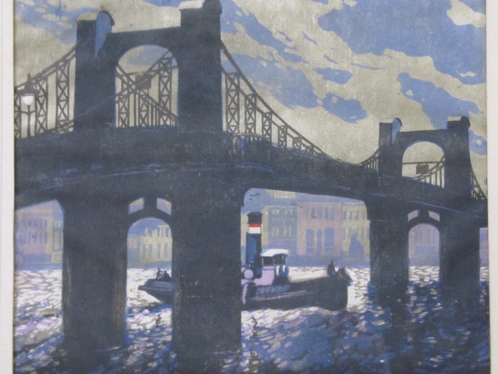 Appraisal: FREDERICK HOLMES fl - Woodcut in colours 'Old Lambeth Bridge'