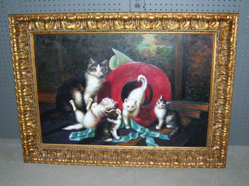 Appraisal: Oil Painting Cat Kittens Portrait of a mother cat and