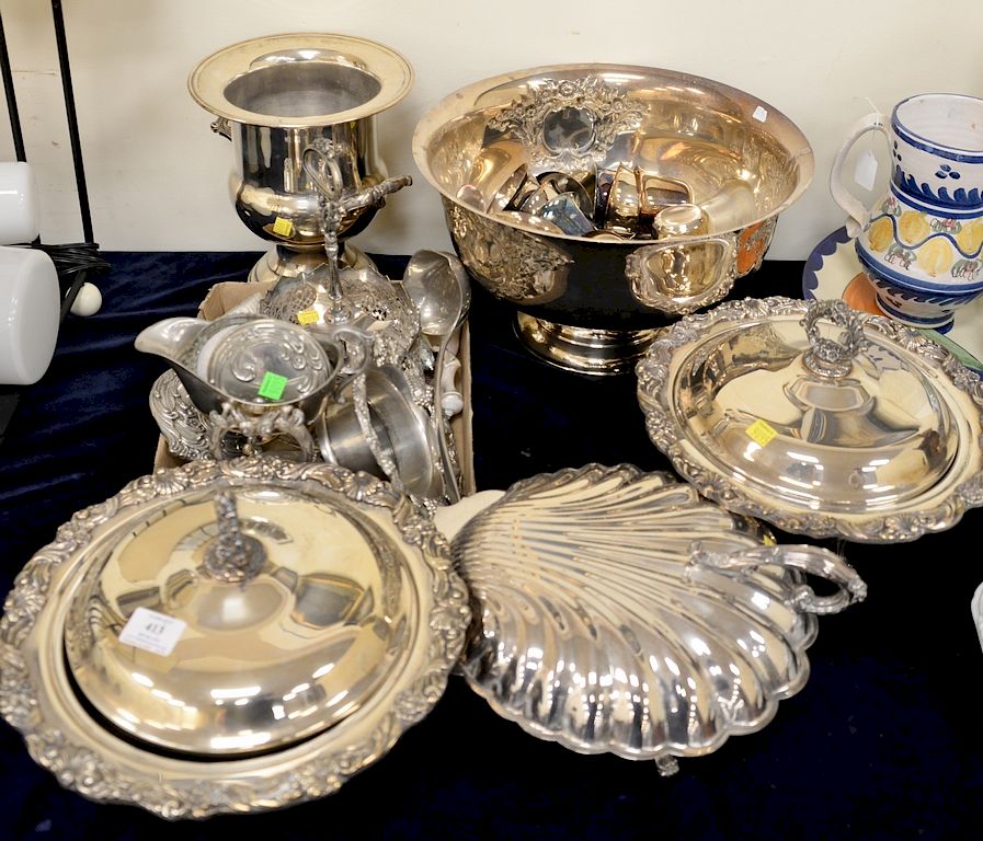 Appraisal: Silverplate lot including punch bowl and cups covered dishes ice