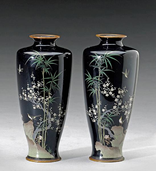 Appraisal: A pair of cloisonn enamel vases Meiji Period Each high-shouldered