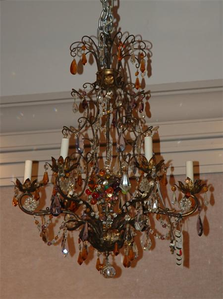 Appraisal: Neoclassical Style Patinated-Metal and Colored Glass Six-Light Chandelier Estimate -