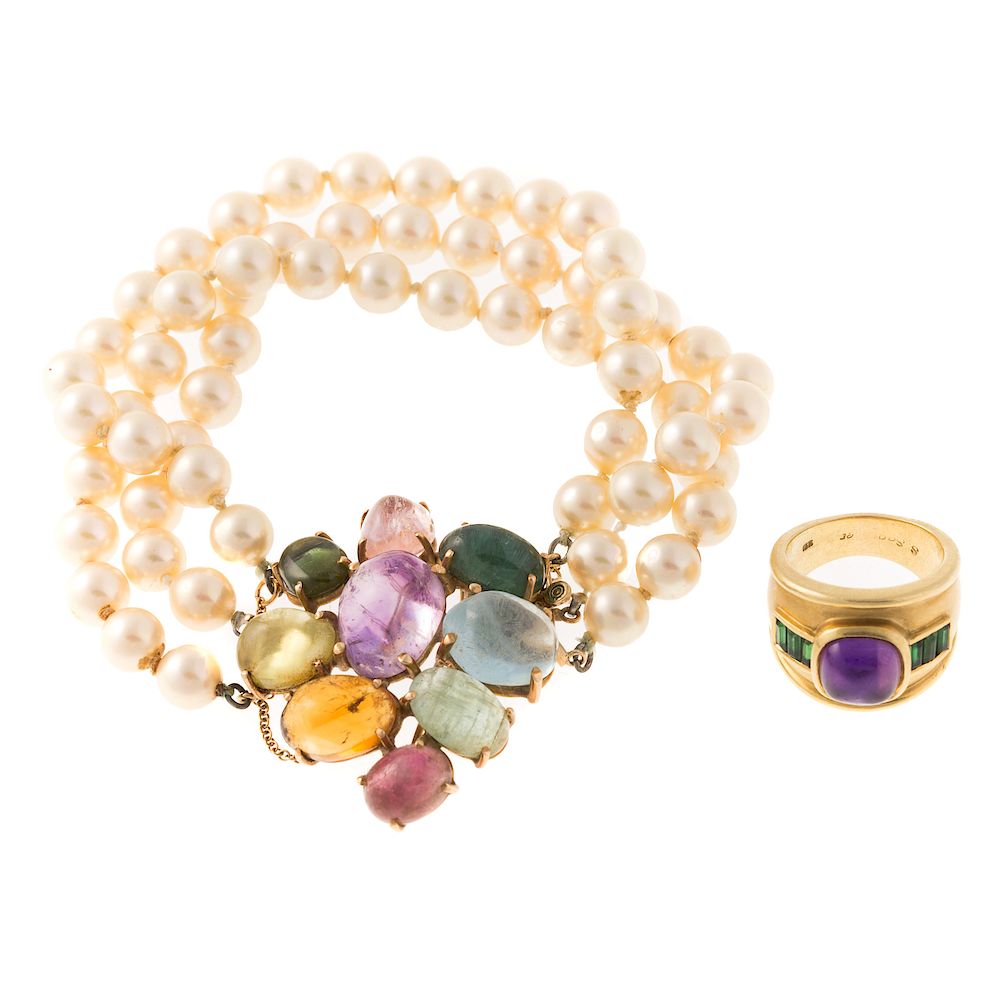 Appraisal: A Gemstone Bracelet K Amethyst Ring K yellow gold bracelet