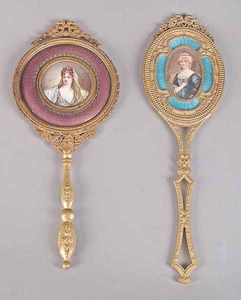 Appraisal: Two French Enamel and Bronze Dor Hand Mirrors in the