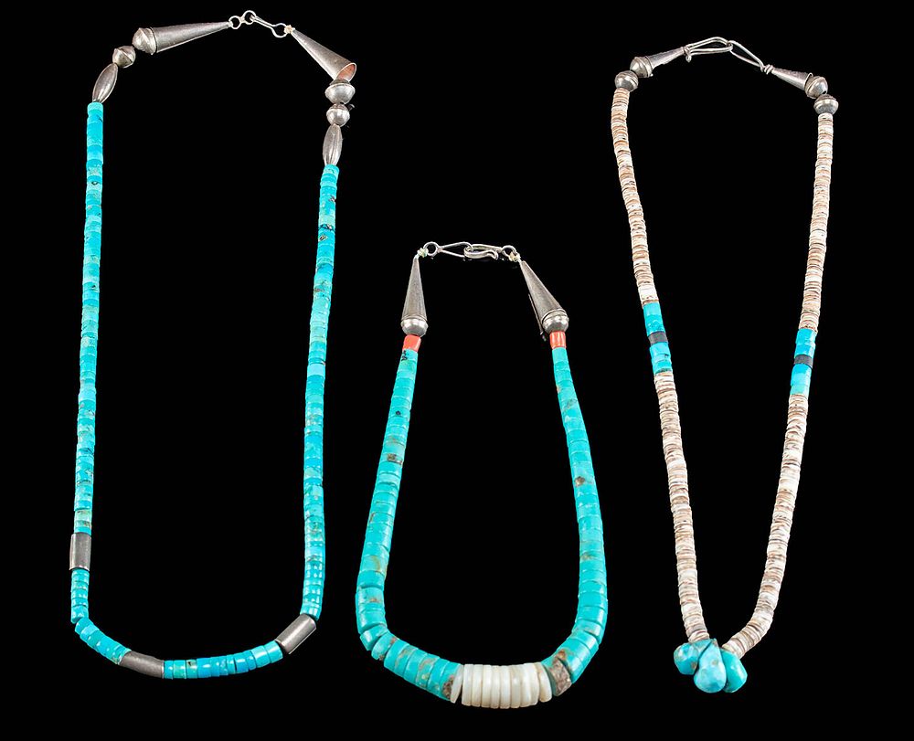 Appraisal: th C Pueblo Turquoise Silver Heishi Necklaces Native American Southwestern