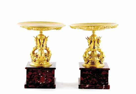 Appraisal: Pair French bronze-dore and marble tazzas th century decorated shallow